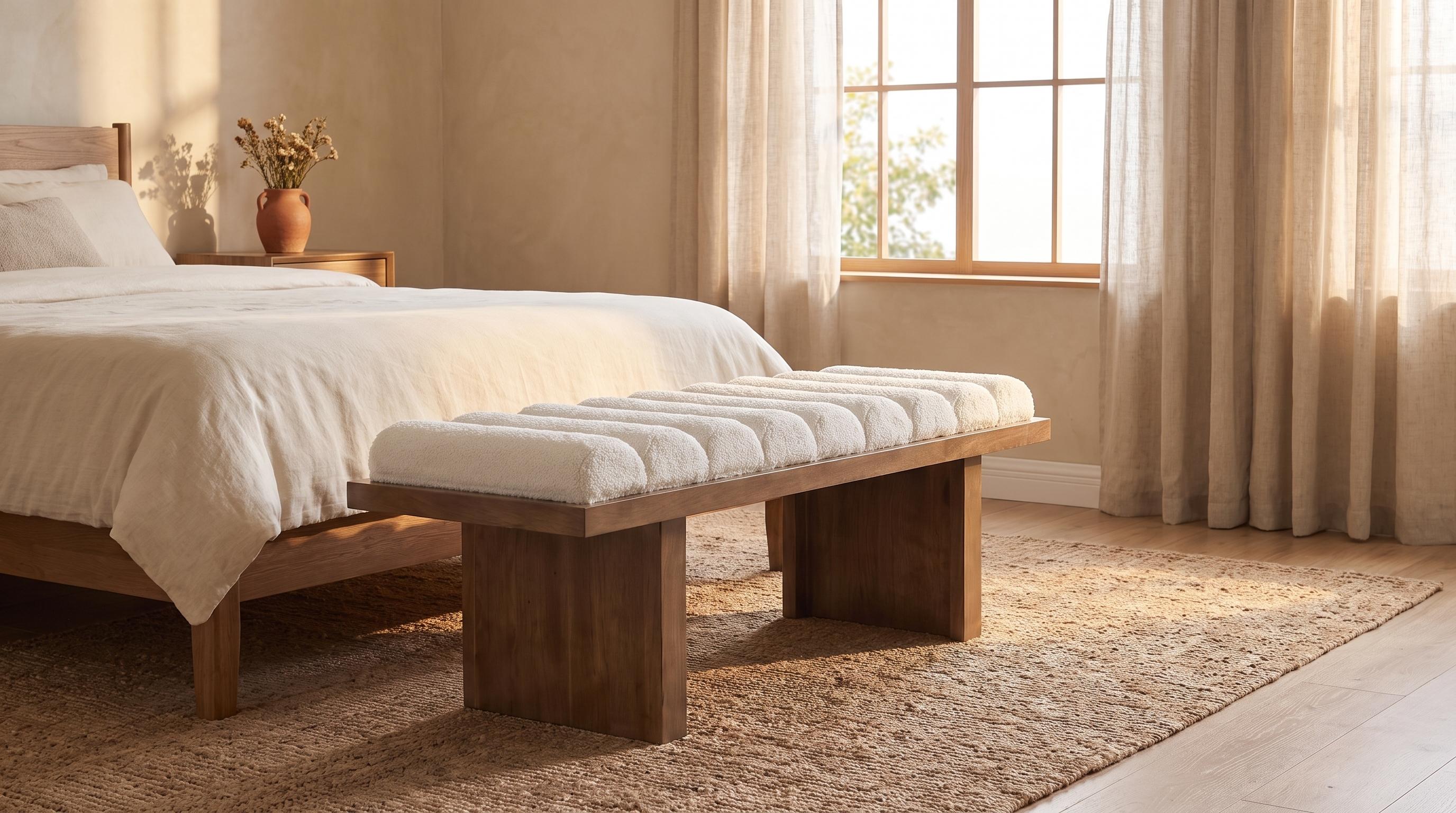 HNY 47-in Modern Sherpa Boucle Upholstered Backless Armless Entryway Ottoman Bench, Padded Cylindrical Cushion, Natural Wooden Base, Assembly Required Simple Setup for Bedroom, Living Room, Ottoman For Bedroom, All Hardware