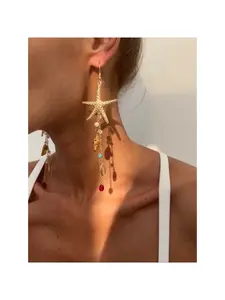 Women's Boho Style Alloy Statement Earrings Set, Ocean-Inspired Starfish & Shell Design, Irregular Crystal Beaded Dangle Jewelry for Daily Wear & Vacation, Elegant & Charming Always