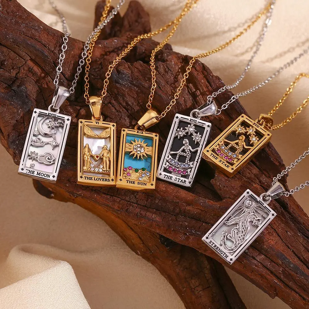 Unisex Vintage Stainless Steel Tarot Pendant Necklace - 0.4×1.09in Non-Tarnish Jewelry, Mirror-Polish Sleek Accessory, 15.74+1.96in Adjustable Chain, Luminosity & Mystical Symbolism Item, Durable for Daily Styling, Ideal Gift for Mystic Enthusiasts