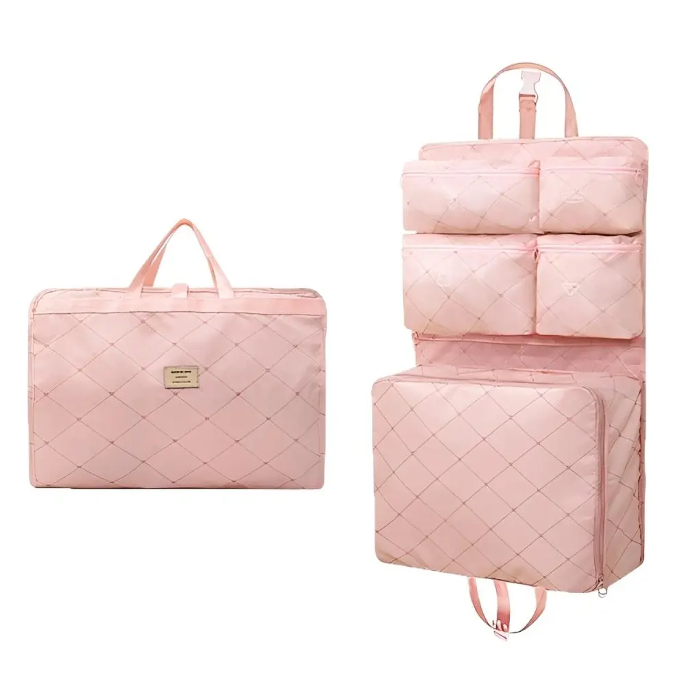 Hanging Travel Storage Cube, Foldable Waterproof Small Size Space Saver 7-Compartment Packing Cube for Clothes & Accessories, Wrinkle-Free, Fits 20-in Carry-On, Pink, 5 Compartments + 2 Mesh Pockets, 8 Oz, Avoids Checked Fees