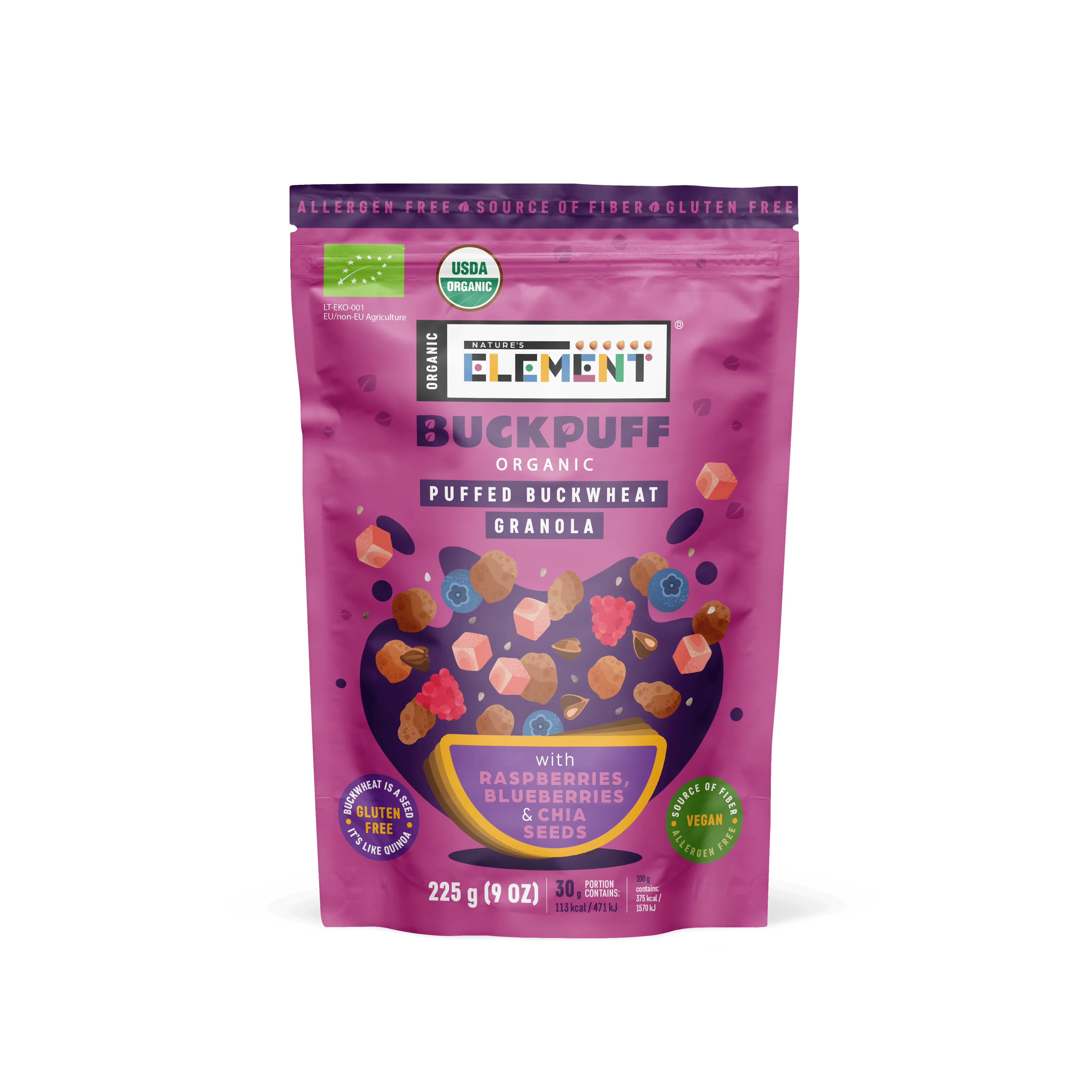 Organic BuckPuff Granola with Raspberries, Blueberries and Chia Seeds (4 Packs) fiber foods