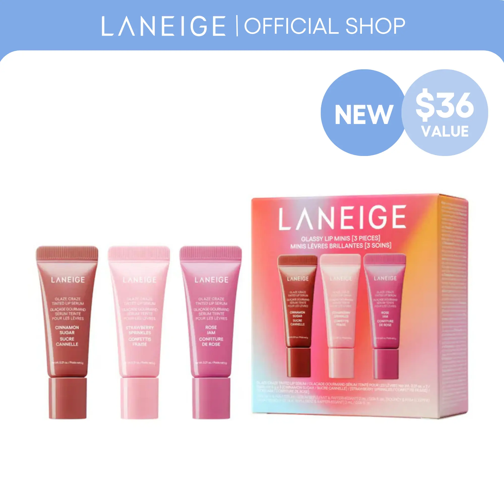 NEW Laneige Glassy Lip Minis, Mini Glaze Craze Tinted Lip Serums, Holiday 2026