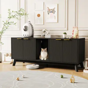 2-in-1 Double Cat Litter Box Enclosure Furniture, Wooden Hidden Litter Box Enclosure for 2 Cats with Mat, Large Indoor Pet House & TV Stand Side Table