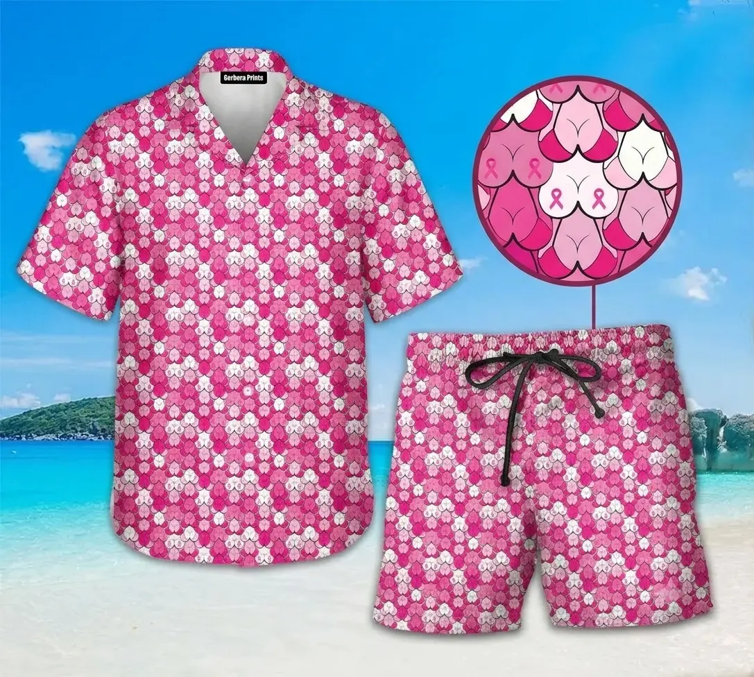 Pink Ribbon Golf Hawaiian Set Menswear | Matching Funny Golf Shirt And Shorts | Pink Floral Tropical Beach Outfit | Co-ord Golfing Summer Wear Gift Menswear