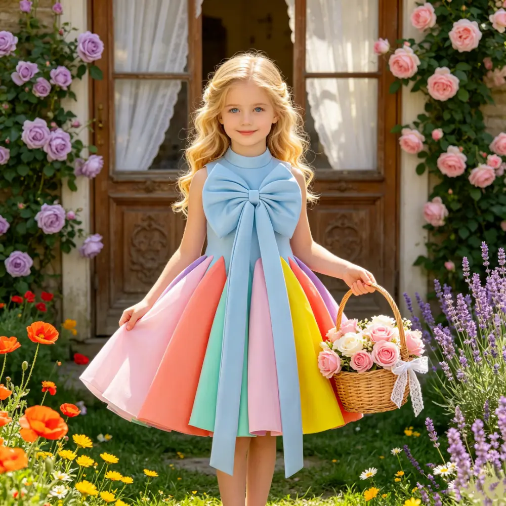 6110 Girls Bow Patchwork Ball Gow Baptism Birthday Prom Party Elegant Wedding Princess Dress Piano Host Performance Evening Costume