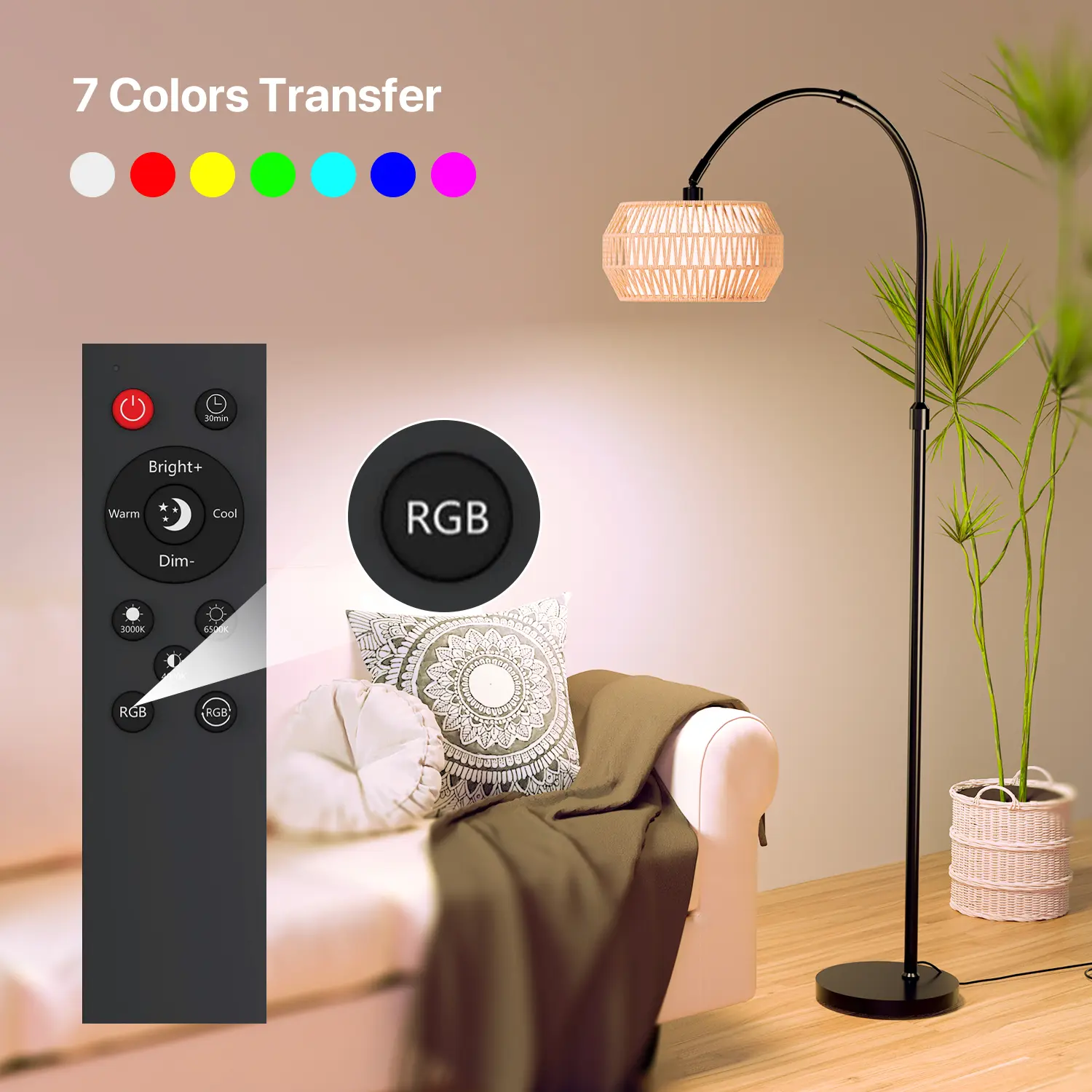 GLITGATE Boho Fishing Floor Lamp with Remote Control, Dimmable Arc Floor Lamp with 3 CCT and RGB,Farmhouse vintage Floor Lamps with Rattan Shades, Vintage floor lamp, Dimmable floor lamp for Bedroom, Office, living room,bedroom