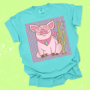 Western Doodle Turquoise Girly Pig Tees & Crewneck, Retro Sweatshirt, Gift For Her, Western Boutique, USA Country Music T-shirt, Concert Hoodies, Women’s Clothes, Rodeo Cowgirl Western Outfits Tops, Vintage Graphic Clothing