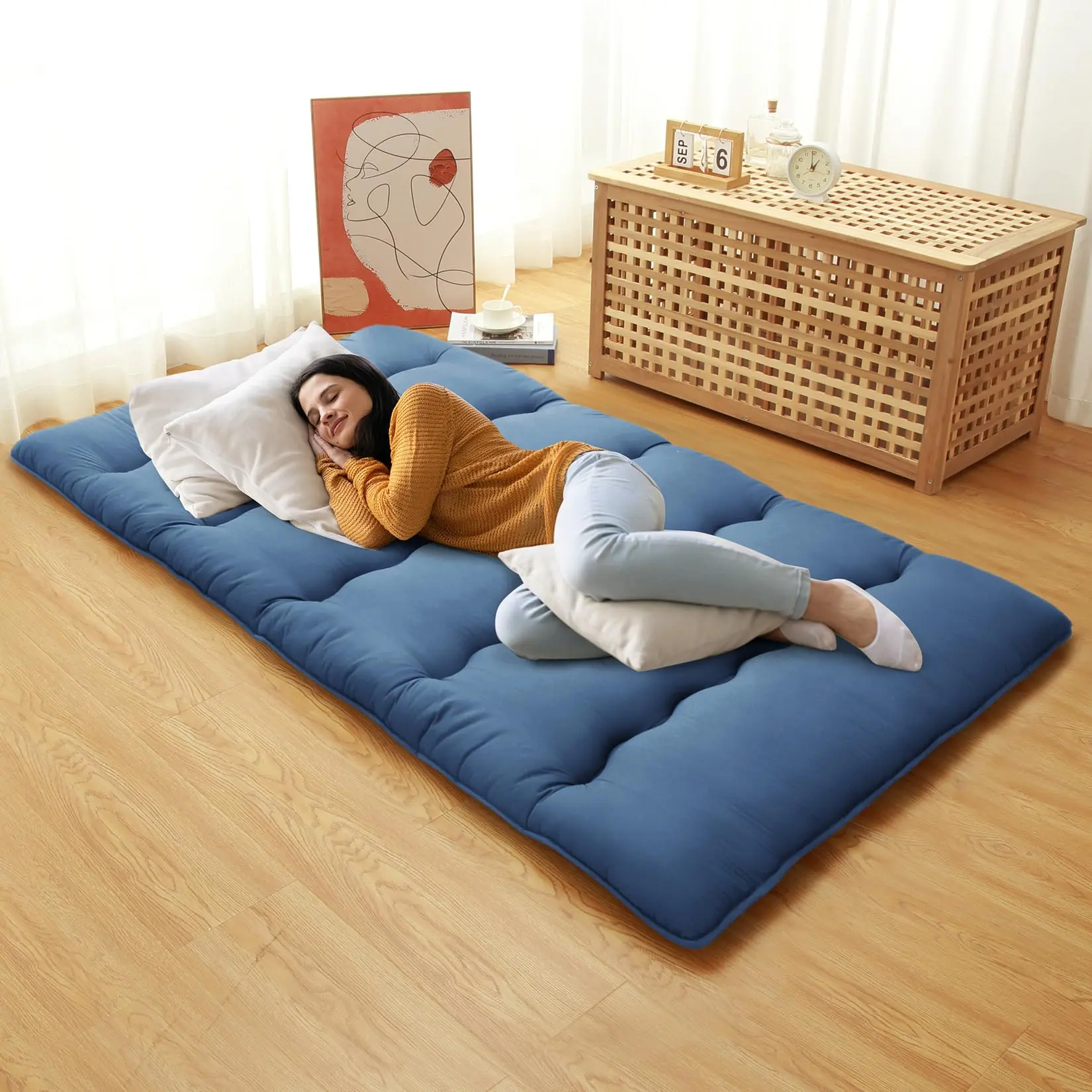 GARVEE Japanese Floor Futon Mattress in Twin and Full Sizes, Featuring a Japanese Style Folding Design for Versatile Use as Sleeping Pad, Tatami Mat, or Roll-Up Camping Mattress in Navy Blue and Dark Grey