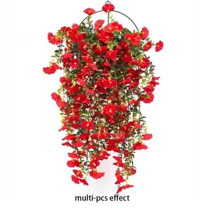 Hanging artificial fake flowers/plants - morning glory - realistic bright red flowers paired with green leaves, made of durable plastic, suitable for indoor and outdoor gardens, courtyards, and balconies Artificial Flower Decoration