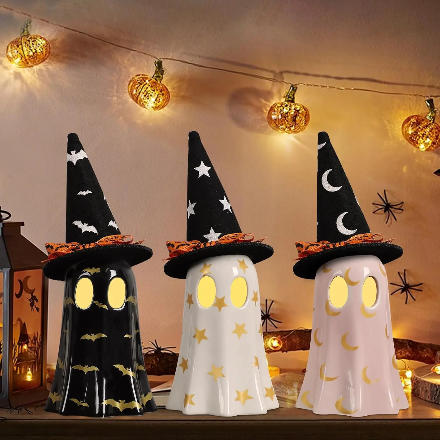 Set of 3 Halloween Ceramic Ghost Decor for Halloween Decorations Indoor | Ceramic Ghost Figurines with Witch Hats for Indoor Halloween Decor. Cute Spooky Ghost Decor for Mantel, Shelf or Tabletop