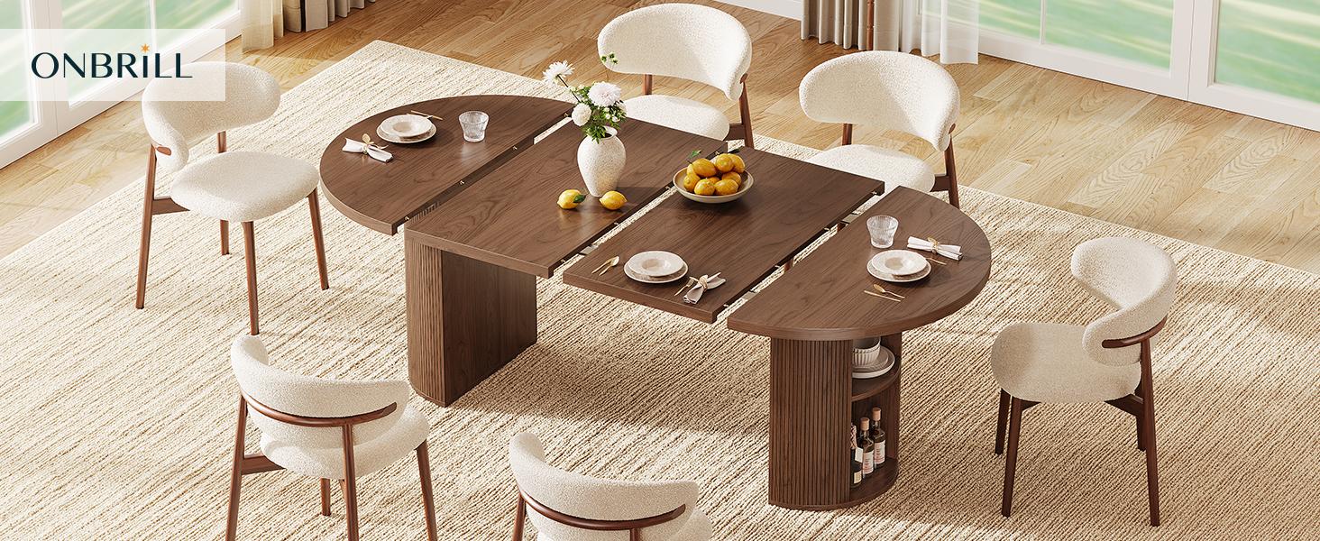 【BackToSchool】ONBRILL 41-78 Inch Extendable Dining Table for 4-8, Gorgeous Fluted Expandable Kitchen Table with Storage, 2 Leaf, Mid Century Modern Oval Dinner Tables for Dining Room, Kitchen, Living Room BackToSchool
