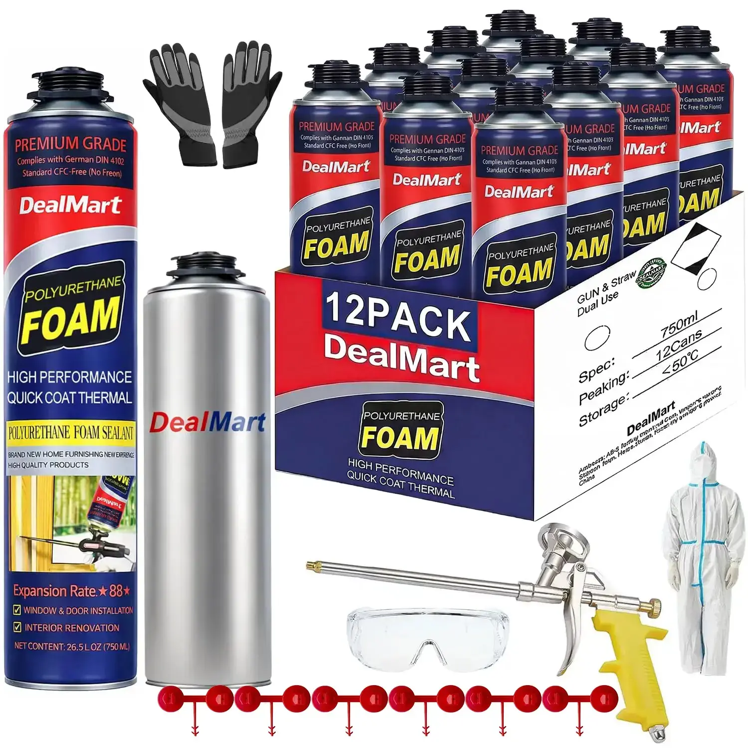 Fire Rated Spray Foam Insulation Kit, Home Walls/Attic Use, Coverall, Pro X Gun, Cleaner Can, Safety Gloves, Diy Pro Results for Lower Energy Bills，12-Pack