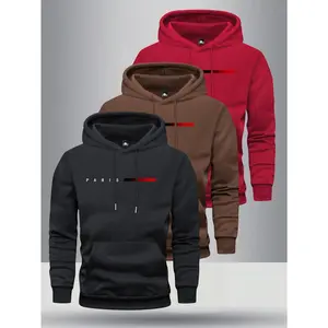 3-piece set men's spring and autumn thin regular fit long sleeve pocket hoodie with personalized Paris letter print pattern, stylish casual sports outdoor men's wear, suitable as a gift for husband or boyfriend, great for golf, fishing, basketball, campin