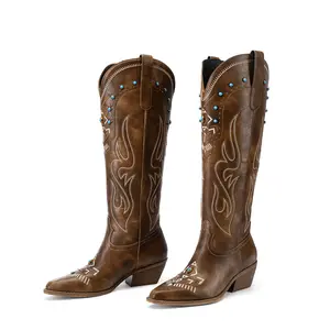 ReneChristine Women's Embroidery Western Cowboy Boots with Studs & Emerald Gemstones, Knee High Wide Calf Cowgirl Boots for Gatherings Weekend Hangouts Black Leather fur boots knee high boots boots for fall thigh high boots brown boots cowgirl boots Sprin