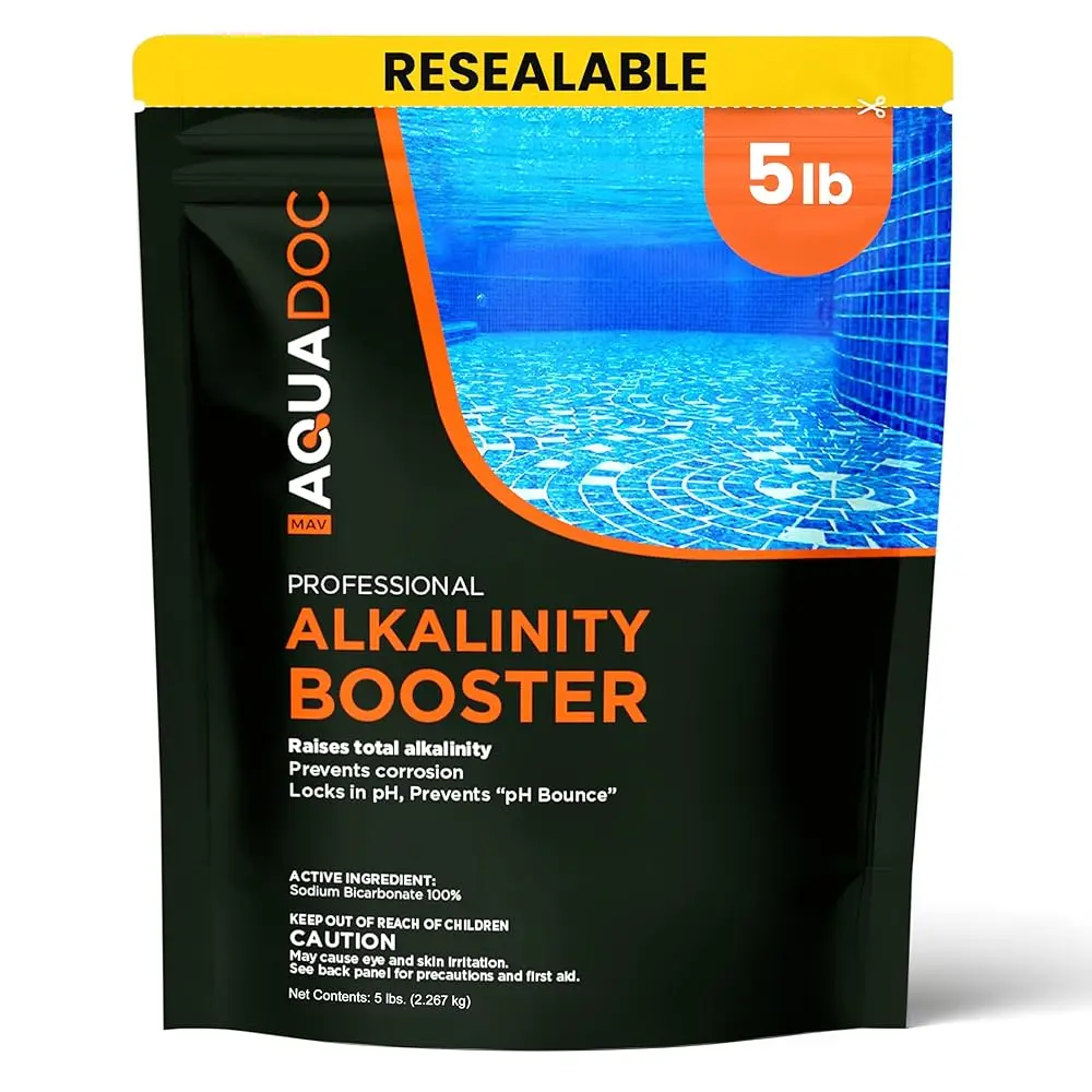 MAV AquaDoc Quality Sodium Bicarbonate Bicarb Powder - 5 lb Pool Alkalinity Increaser, pH Balancer, Corrosion Preventer, pH Bounce Stopper, Fast Dissolve, Protects Equipment, Add Directly, Made in USA, Pool Component Compatible, Pool Components
