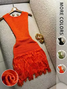 Women's Sleeveless V-Neck Knit Mini Dress, Fringe Hem Ribbed Sexy Dress, Y2K Style Summer Vacation Dress, Slim-Fitting Solid Color, Casual Wear