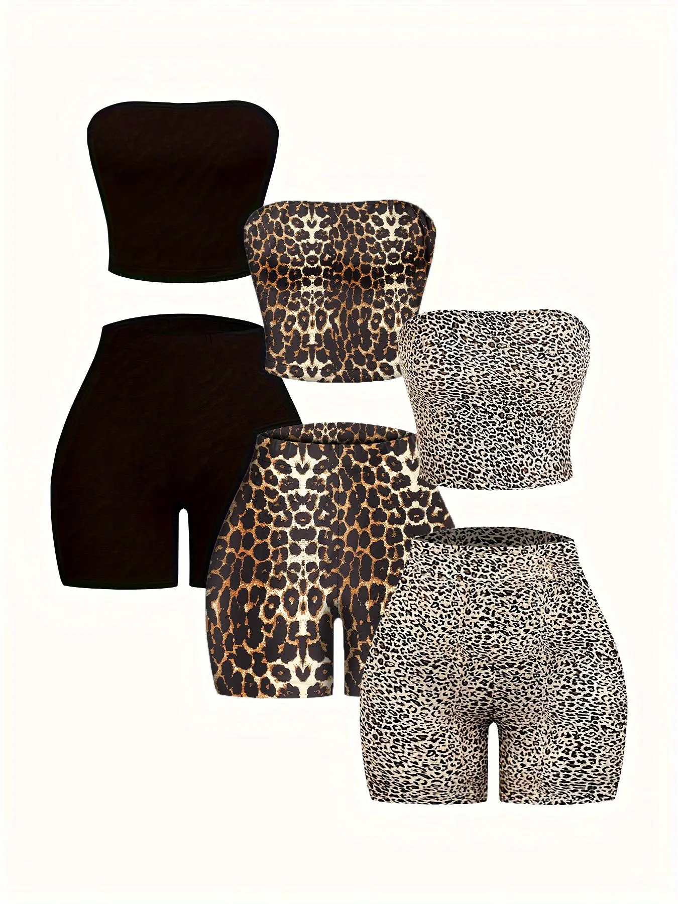 Six-Piece Classic Leopard Print Solid Color Casual Strapless Sleeveless Top and Shorts Set, Outfit, Women's Fashion, Comfortable and Stylish