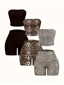 Six-Piece Classic Leopard Print Solid Color Casual Strapless Top and Shorts Set, Fitted Clothing Set, Women's Fashion, Comfortable and Stylish, Summer Matching Set, Casual Lounge Set