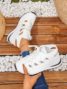New Women's Cutout Thick Sole Dad Shoes, Breathable Casual Lace-Up Sports Shoes, Patchwork Platform Shoes, Versatile Comfort Walking Shoes