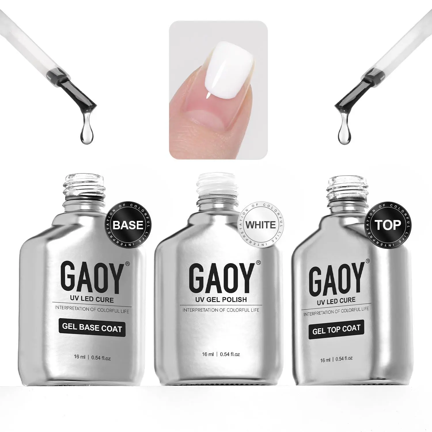 GAOY 16ml Gel Top Coat, Base Coat and 1002 White Gel Polish Set, 3 Pcs | Clear Glossy No Wipe Gel Top Coat, Base Coat and Classic White Color Gel, UV Light Cure Needed