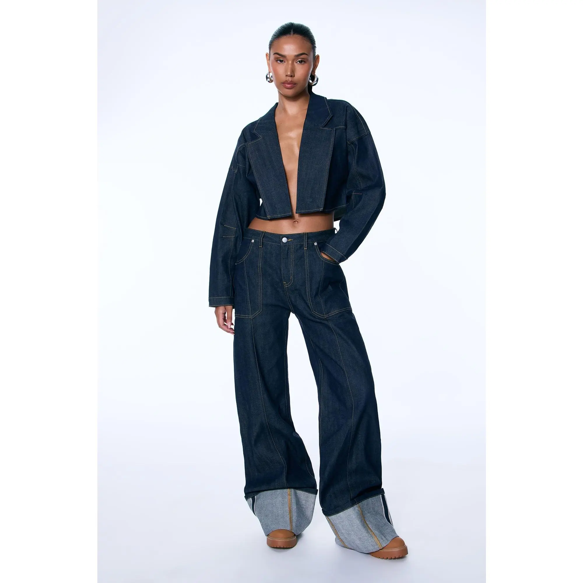 Premium Selvedge Cropped Denim Blazer - Dark Denim