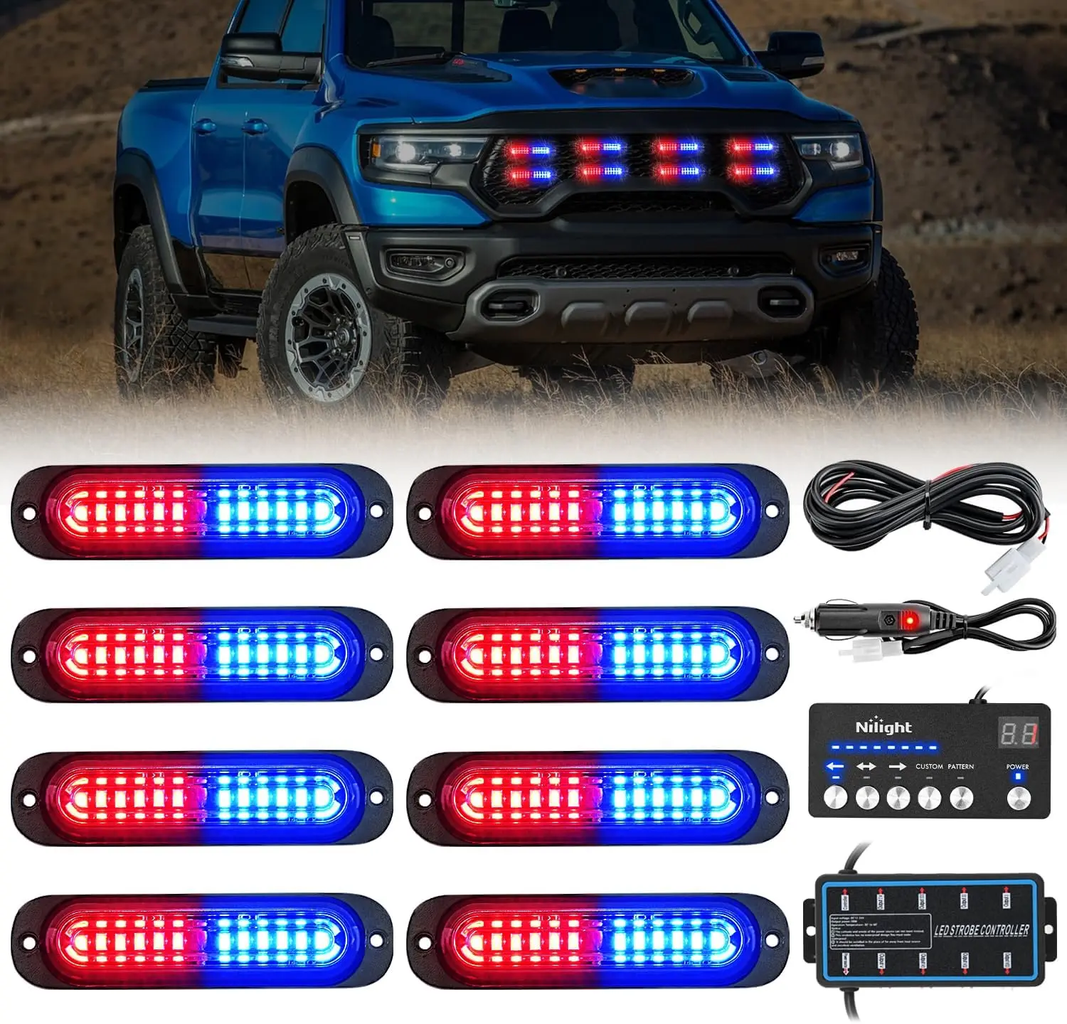 Nilight 8PCS 12V-24V 12-LED Surface Mount Strobe Lights Kit - Aluminum Amber Housings, Sync Controller, Waterproof Driving Strip, Emergency Bars & Work Lights for Trucks/ATVs (Father's Day Gift), 12V - 24V Dc, Strobe Lights For Trucks, Negative And Positi