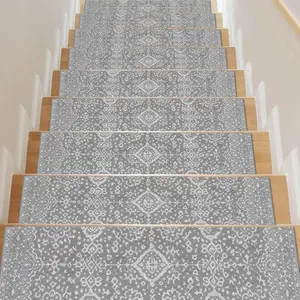 15pcs Non-Slip Stair Tread Carpet - Soft Machine-Washable Grey Persian Geometric Pattern Rug Suitable for Indoor/Outdoor Stairs, Wood/Hard Steps - Modern Step Cover (8x30 Inch)