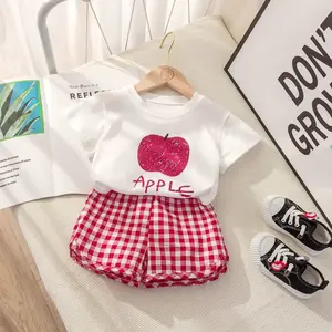 Children's Sets 2-piece Short-sleeved Round Neck Top+plaid Shorts Fruit Lemon Grape Cartoon Design Outer Wear Casual Summer