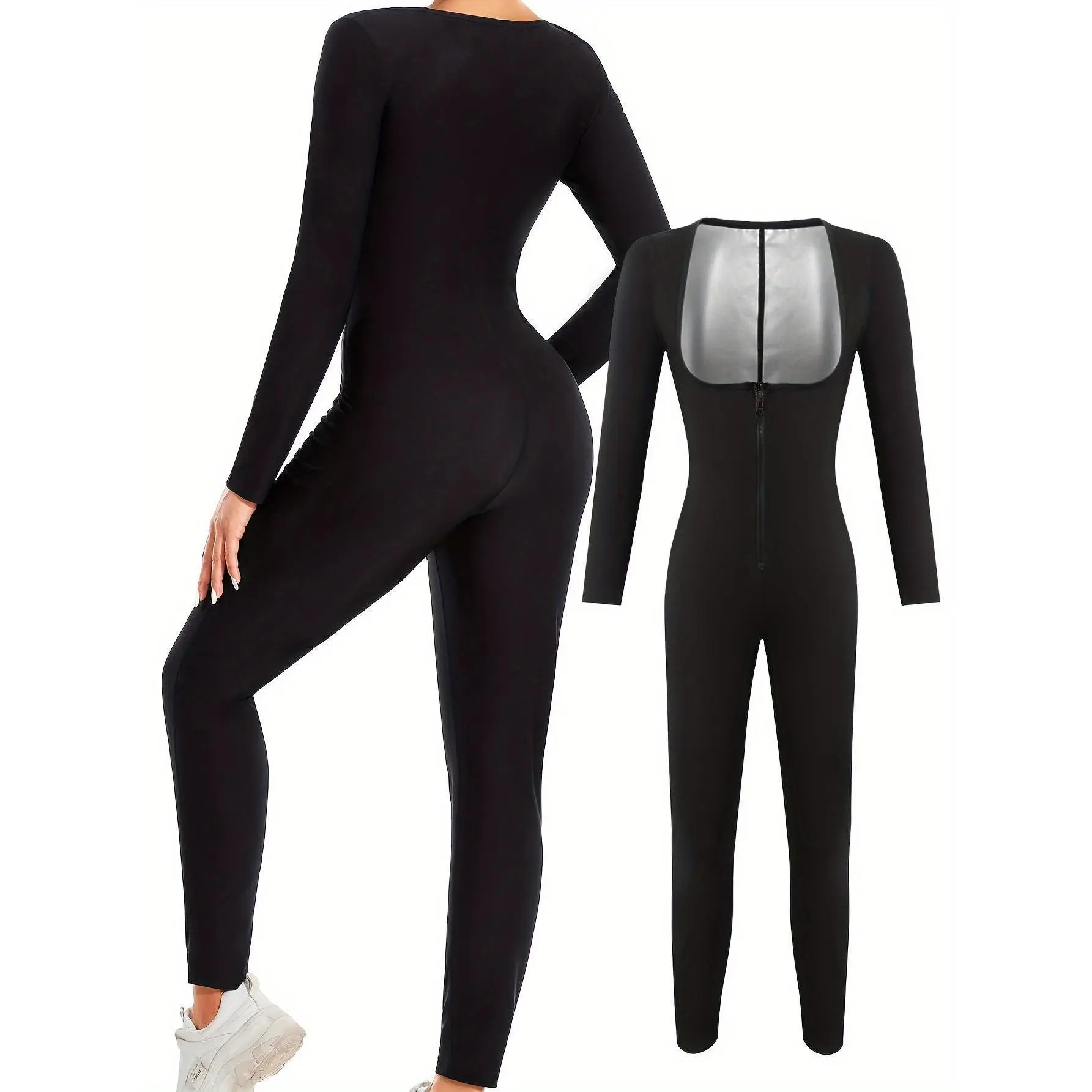 Women's Long Sleeve Stretchy High-Waist Full-Zip Shaping Fitness Apparel, Sculpting Fit Jumpsuit Workout Overalls for Yoga, Pilates, Shaping Jumpsuit