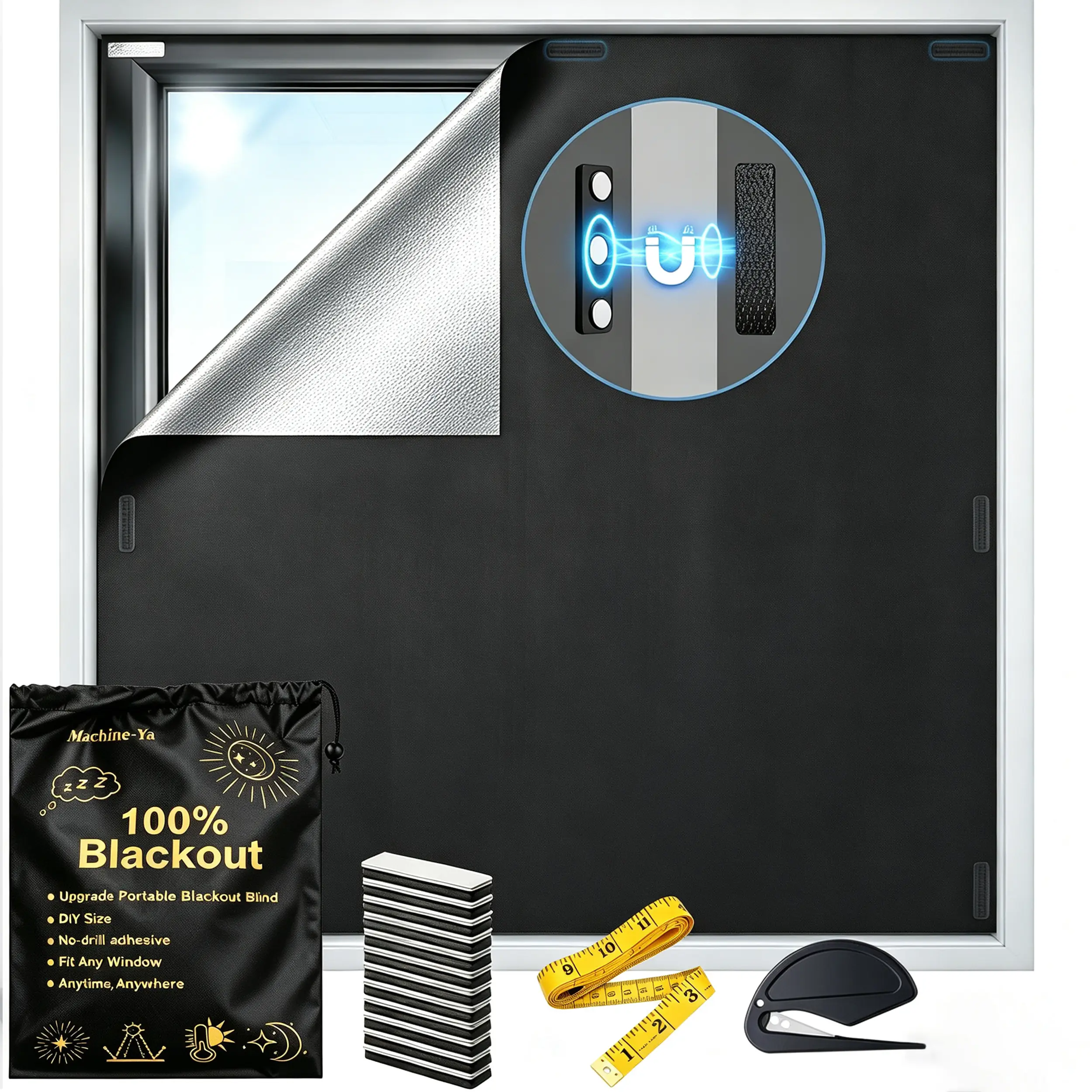 100% Blackout Curtains for Bedroom, 138 x 57 in - Magnetic Portable Blackout Shades for Travel, Black Out Window Cover No Drill Cuttable for Bedroom, Nursery, Media Room, RV.