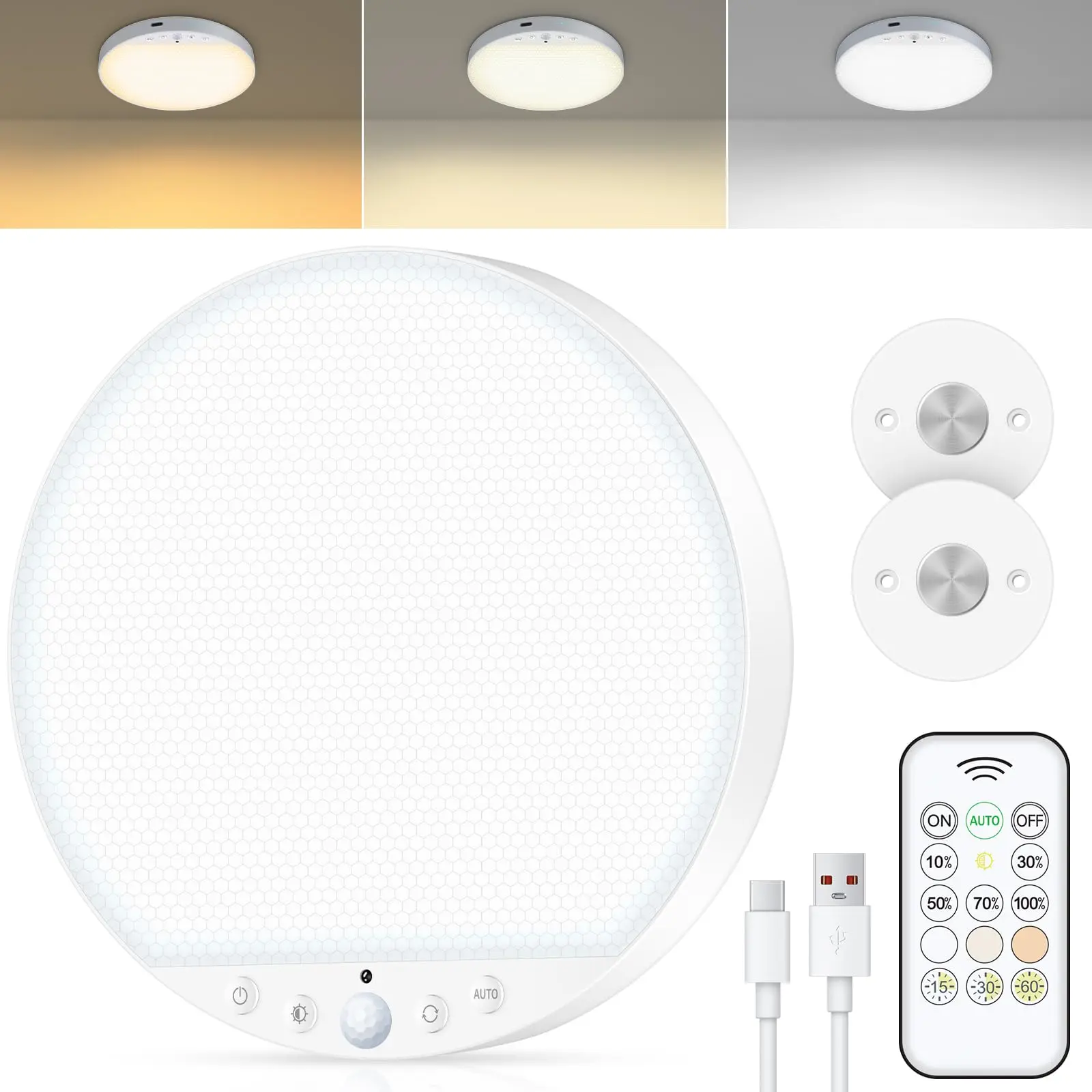 ISUNMEA 1-Pack 6W Rechargeable Motion Sensor Indoor LED Ceiling Light - Magnetic Stick-On, No Wiring, Remote-Controlled Color & Brightness Control, Bluetooth, Pantry Use, Adjustable