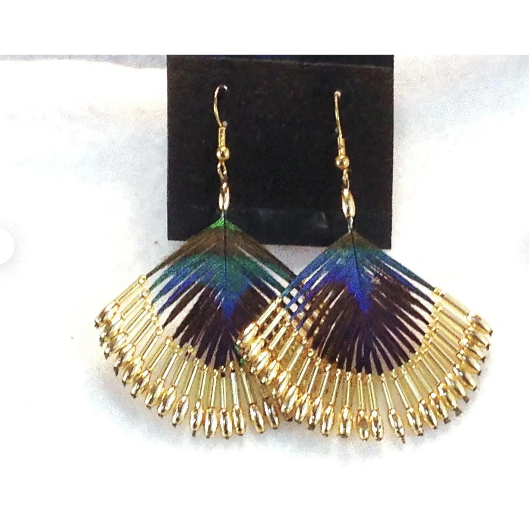 Peacock Feather Borealis Beaded Earrings-Gold