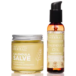 Calendula Salve & Oil Set - Made with Grapeseed Oil, Organic Licorice & Calendula, Responsibly Sourced Beeswax, Unscented, 4oz Salve & 2oz Oil
