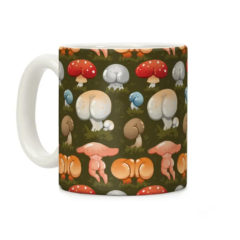 Trendy Mushroom Butt Pattern Ceramic Mug, Cottagecore Aesthetic Coffee Cup, Cute Gift for Her, funny office Mug, reusable drinkware