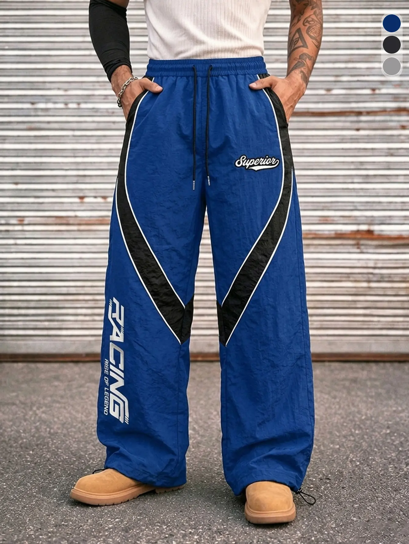 Men’s Klein Blue racing-style wide-leg athletic pants, elastic waistband with drawstring, quick-dry casual long pants, American street racing style