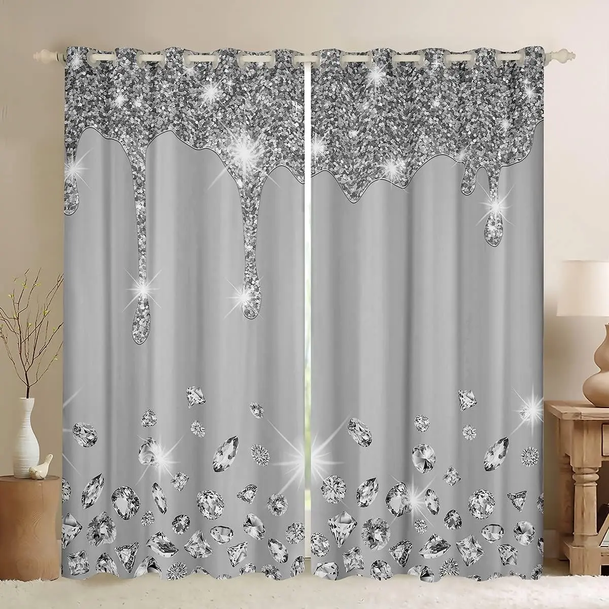 Feelyou Silver Grommet Curtains - Bling Home Decoration Curtains, Grey Darkening Blackout Drapes for Living Room, Home Decoration Curtain