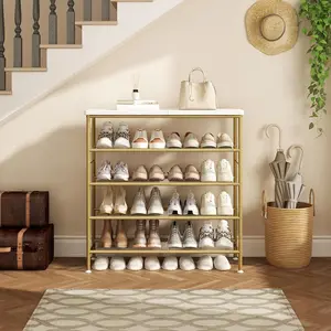 Modern Free Standing Metal Shoe Rack Organizer with MDF Top Board - 5 Tier Shoe Shelf for Closet Entryway Bedroom Hallway Decorative Style Versatile Easy Installation