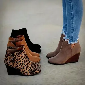 Women's Wedge Heeled Ankle Boots - Retro Suedette Side Zipper Short Boots, Comfy V-cut Boots - Women - Stylish & Comfortable - Parties & Night Out