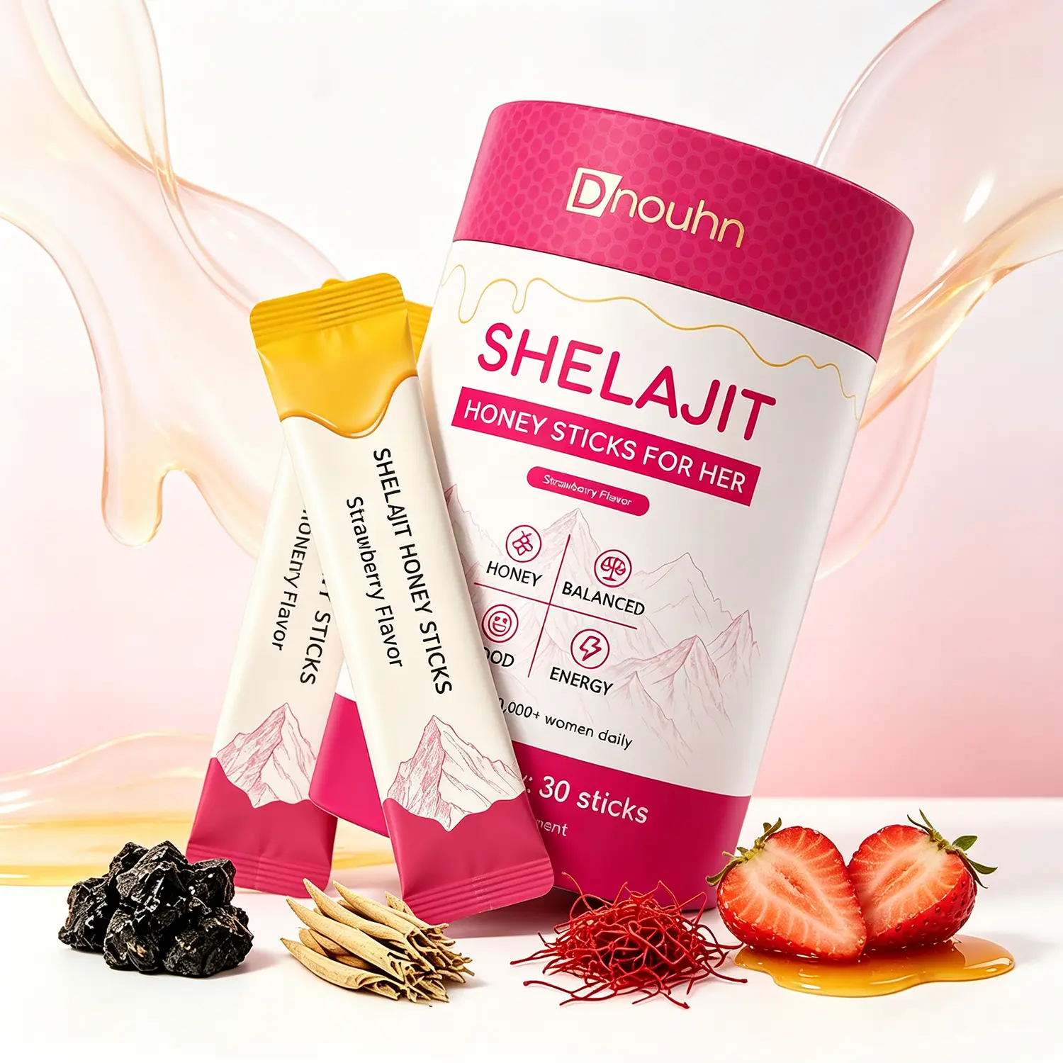 Shilajit Honey Sticks for Women | Shatavari & Saffron Hormone Balance, Boost Energy & Mood, Strawberry 30ct