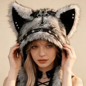 Women's Cat Ear Velvet Hat with Cross Detail Gothic Y2K Punk Style Warm Cap for Cosplay Anime Events Valentine's Day Wear Soft Comfortable Slouchy Fit