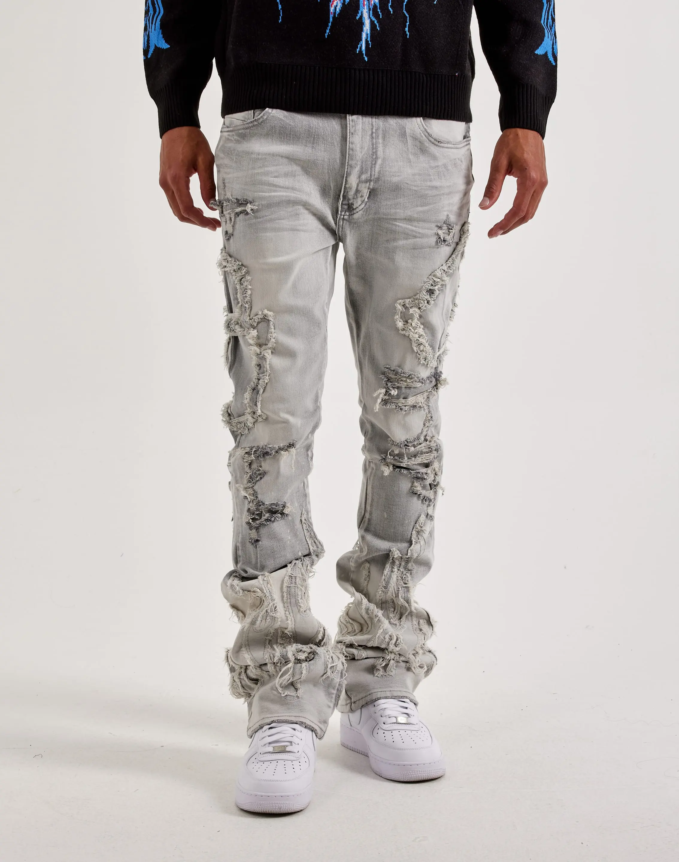 Mens Smoke Rise Flame Rip & Repair Distressed Stacked Denim Jeans