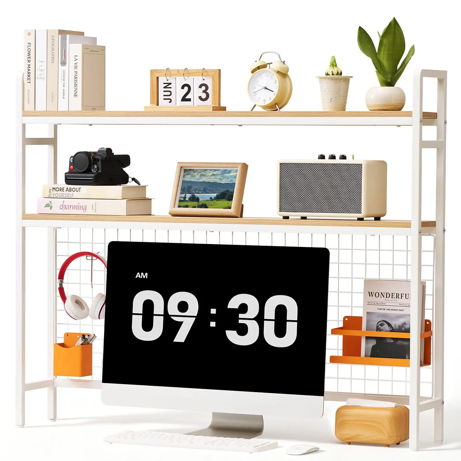 【summerfinds】VEVOR Desktop Bookshelf 3-Tier Countertop Storage Hutch with Grid White, for Computer Desk, Metal Frame and Wooden Shelf, with Non-Slip Feet Pads, Desk Hutch Storage Organizer for Dorm, Home, Office