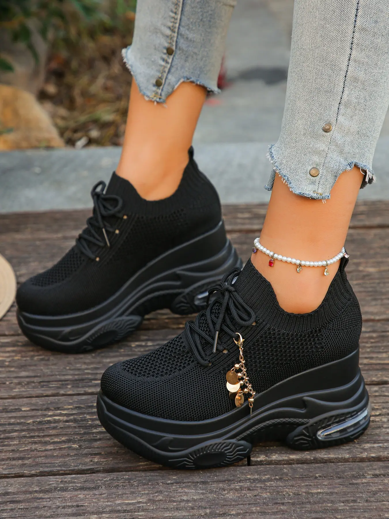 Women's Platform Casual Lace Up Trainers Sneakers Breathable Removable Disc Tassel Design Hollow Flyknit Mesh Comfortable Non-Slip Walking Shoes For Spring Petite Ladies Fashion All-Match Footwear, Lightweight Breathable Chunky Shoes