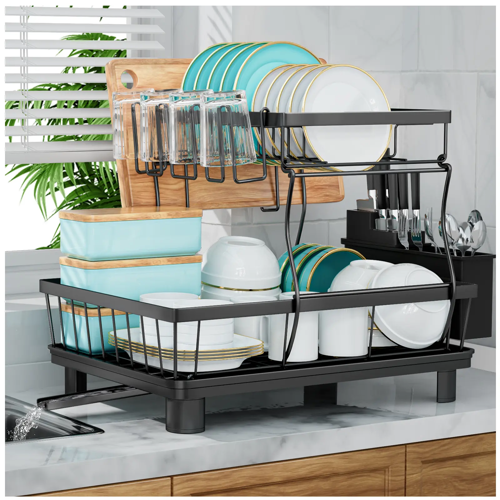 7 CODE Large Dish Drying Rack for Kitchen Counter, Detachable Large Capacity Dish Drainer Organizer with Utensil Holder, 2-Tier Dish Drying Rack with Drain Board, Black
