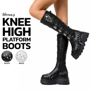 VIMISAOI Knee High Platform Boots For Womens Round Toe Chunky Wedge Heel Side Zipper Skull Buckle Chain Rivets Side Zipper Gothic Punk Egirl Alt Trendy Fashion Halloween Concert Rave Festival Motorcycle Cosplay Graduation Comfortable Fashion Shoes