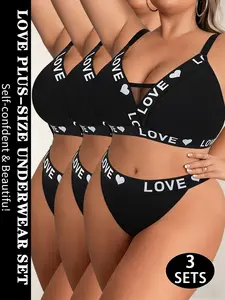 3set Love Plus Size Lingerie Underwear Set for Women Waist Comfort Fitted Bra & Panty Empower Your Curves, Stay Self-confident & Beautiful, Casual Style Bra Sets