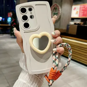 Samsung S26 Ultra Case with Lanyard, 3D Heart Mirror Design, Wavy Edge Soft Silicone Shockproof Cover for Galaxy S25
