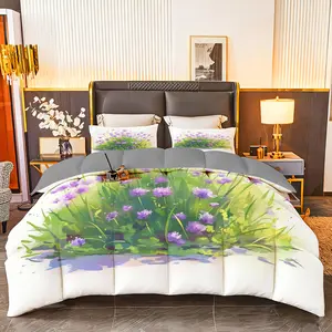 3pcs (1 comforter + 2 pillowcases) All - Season Bedding Set, Soft Lavender Floral - Printed, Hypoallergenic & Breathable, Wrinkle - Resistant & Easy - Care, Queen/King/Full Size, Durable Microfiber Fabric for Bedroom, Guest Room, Home & Dorm
