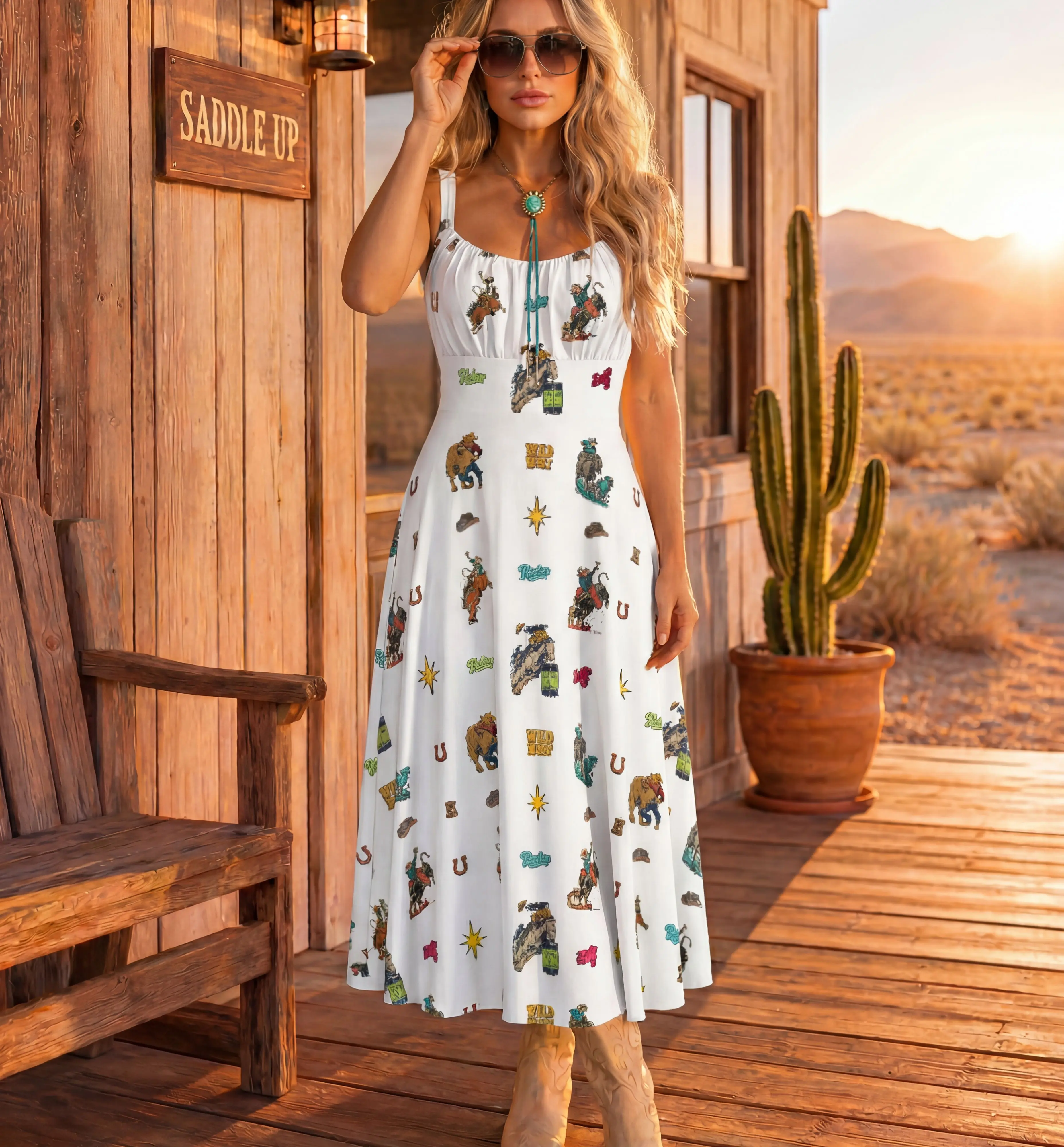 Baha Ranch The Last Roundup Western Rodeo Prairie Dress in White