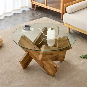 33.4-in Modern Distinctive Circular Tempered Glass Coffee Table, Wood-Colored MDF Table Legs, Suitable for Living Rooms, Farmhouses